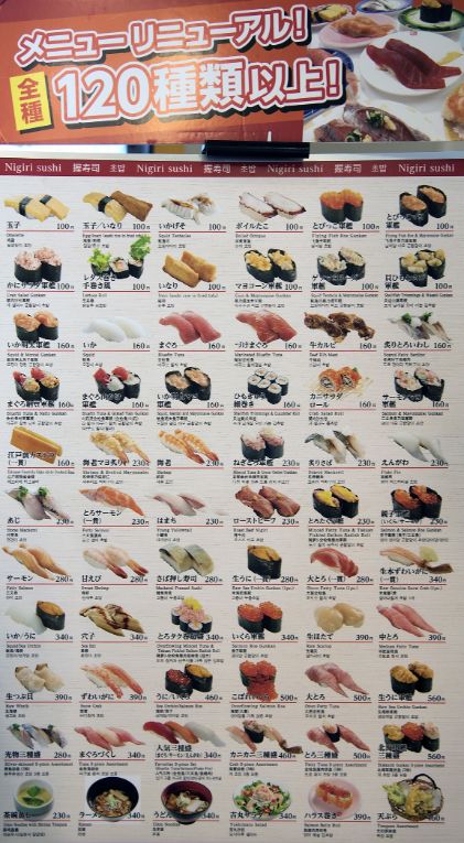 Tokio, sushi menu