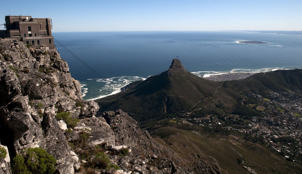 Cape Town, views from Table Mountain:  Lion's Head and Robben Island